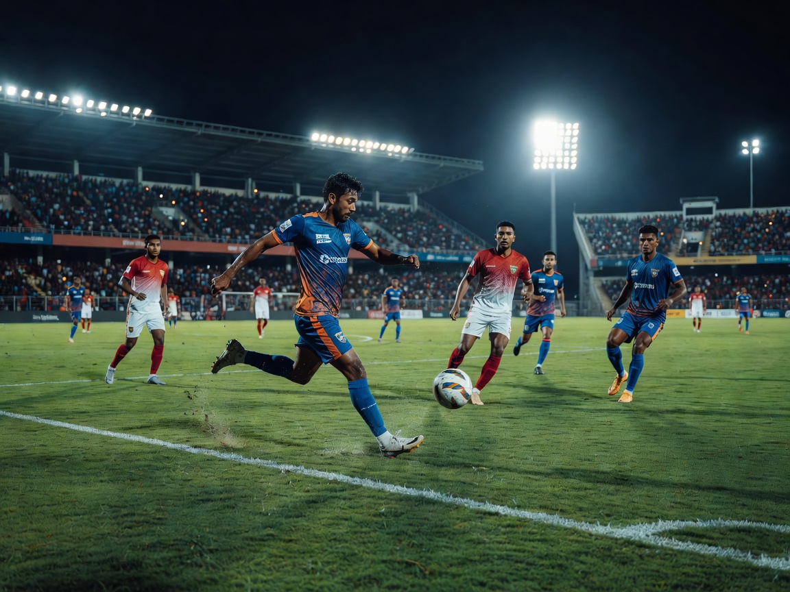 Dynamic football stadium action shot under floodlights representing Indian Super League matches