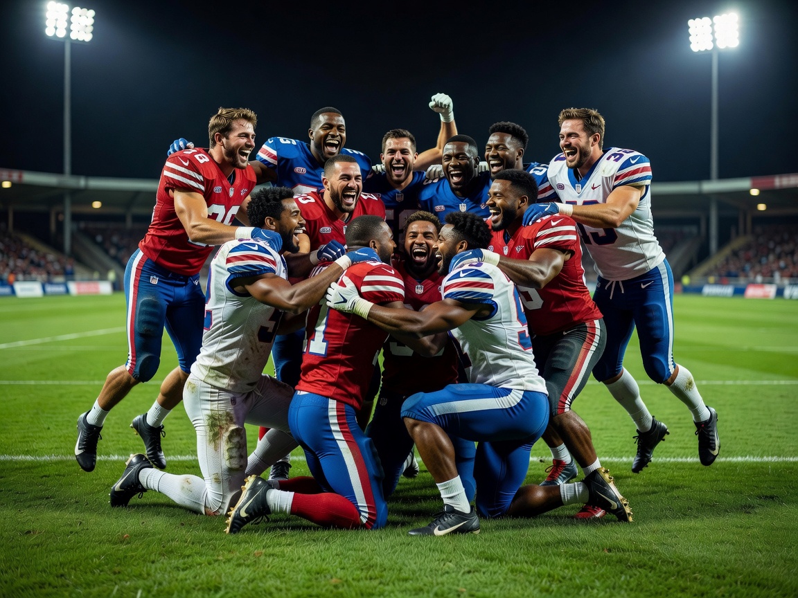 Football players celebrating together on the field