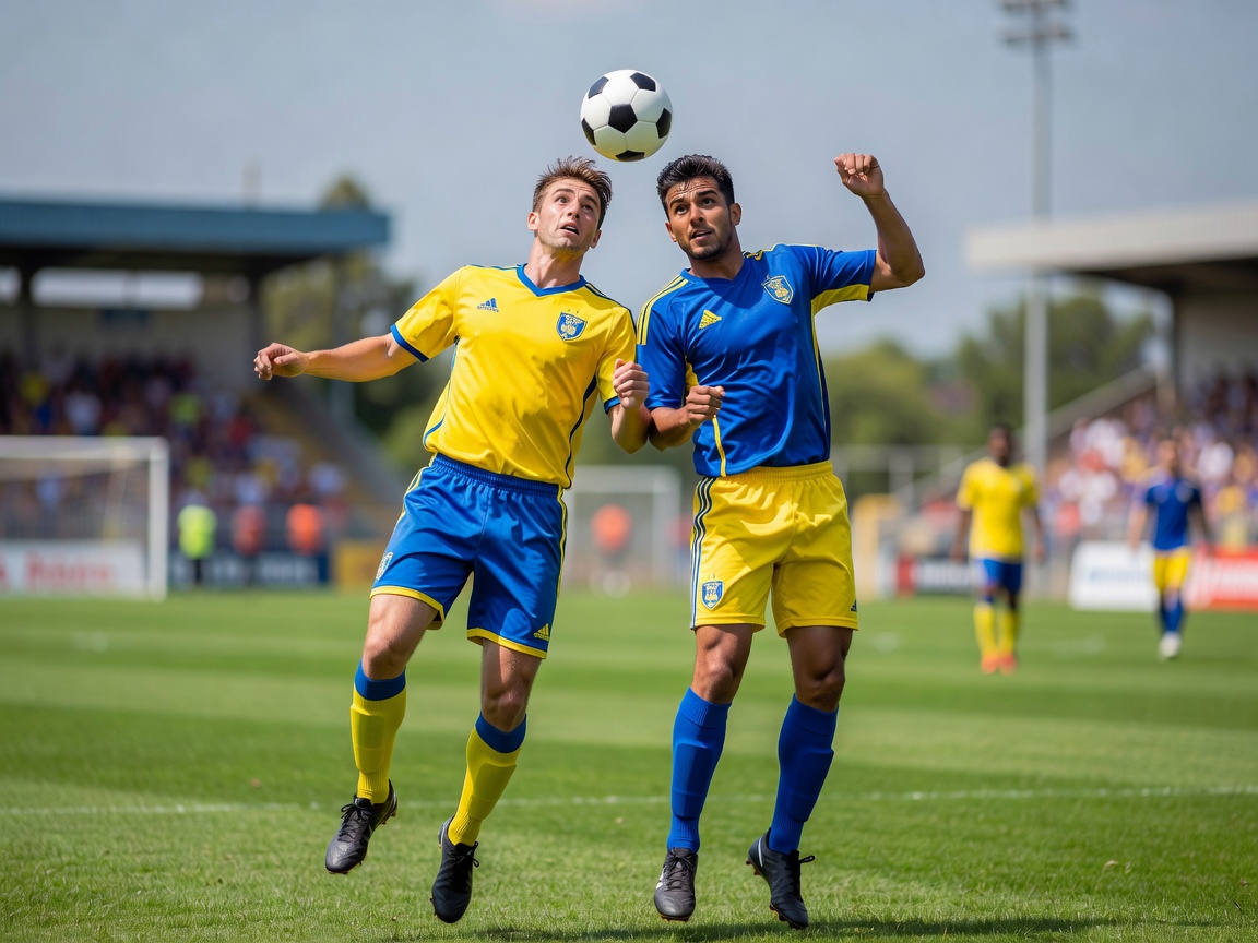 Football players in yellow and blue uniforms contesting a header