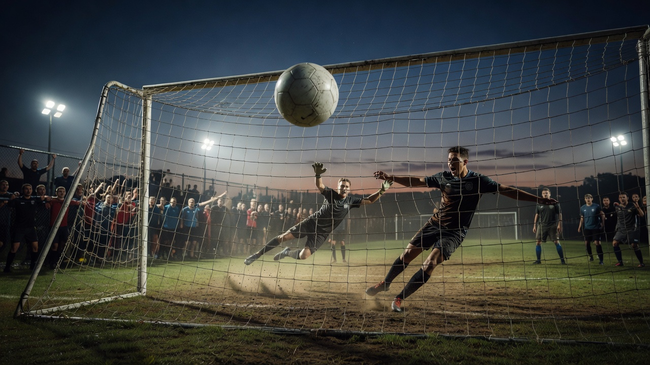 Football striking the back of the net in an intense evening league match