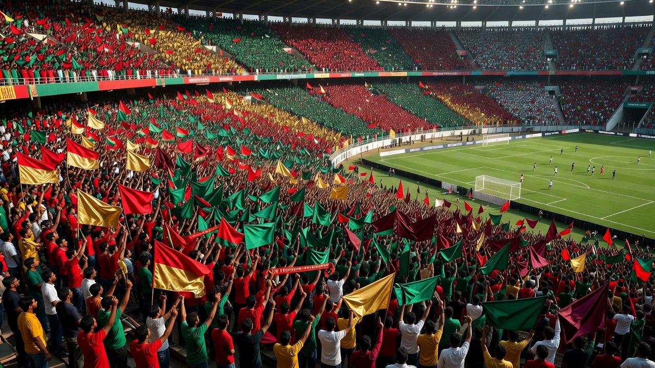 Huge football stadium filled with red and gold and green and maroon supporters in Kolkata