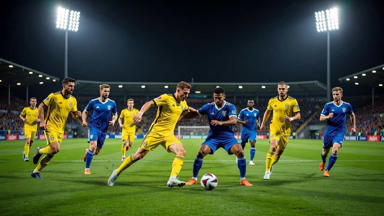 Intense football match scene with players competing under stadium lights in yellow and blue jerseys