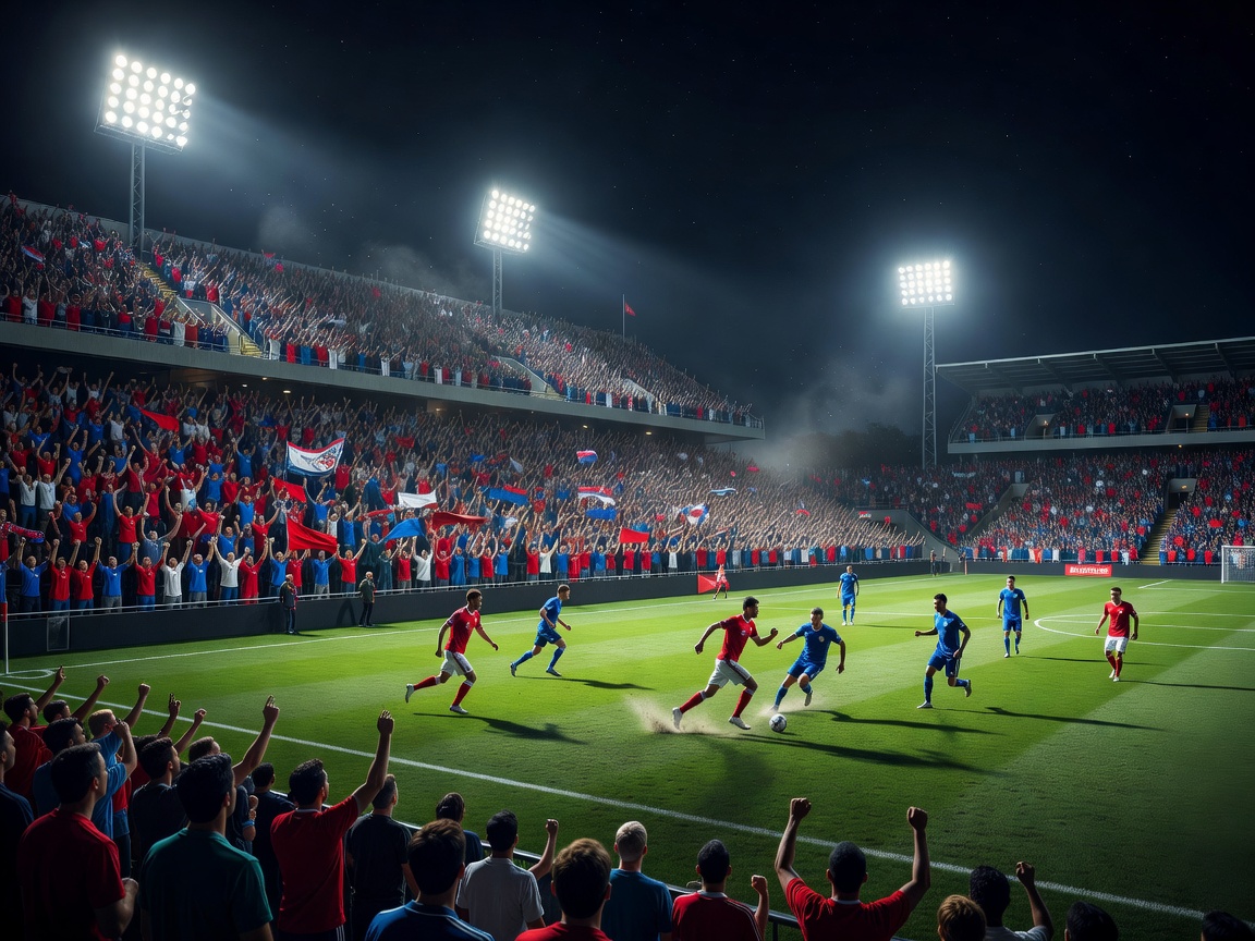 Packed stadium illuminated during a night football match