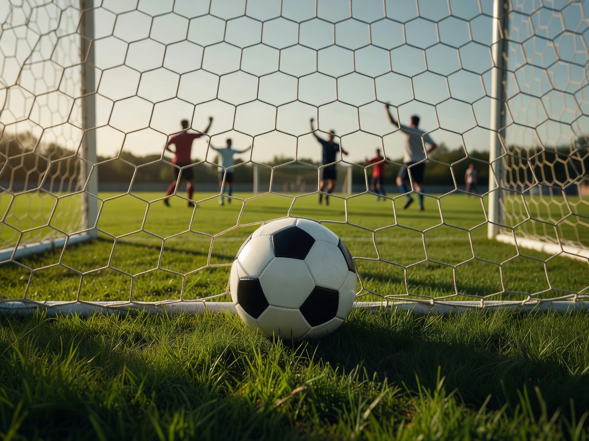 Soccer ball resting in front of net after a successful goal
