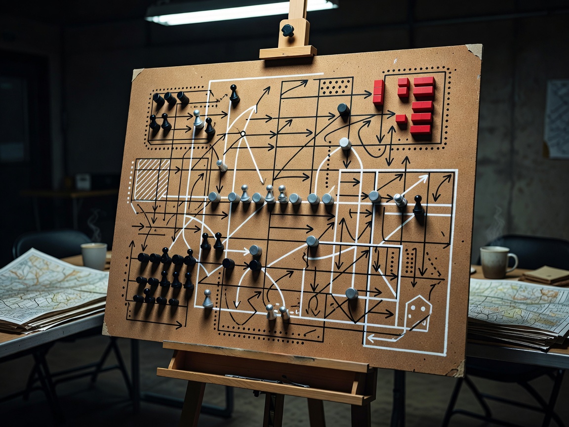 Tactical board with game pieces and strategic diagrams